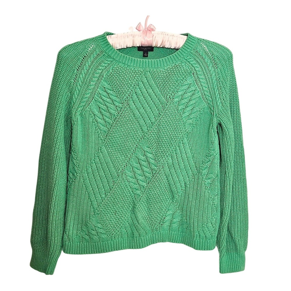 Talbots Petite Kelly Green Cable Knit Sweater Cotton Blend Crew Neck Pullover P